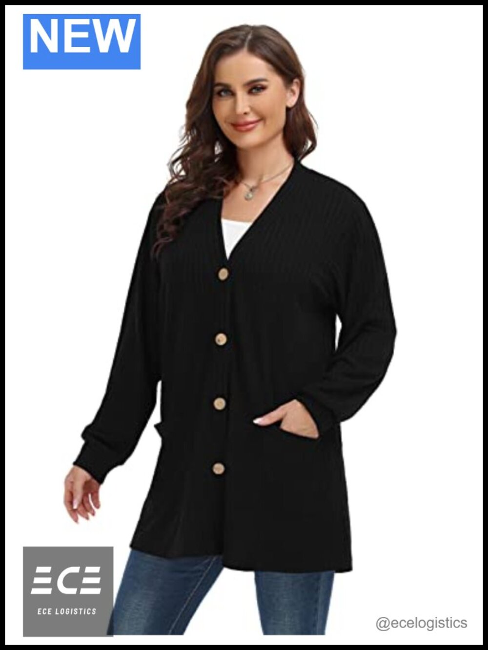 Plus Size Ribbed Button Down Cardigan with Pockets Lightweight - Picture 3 of 6